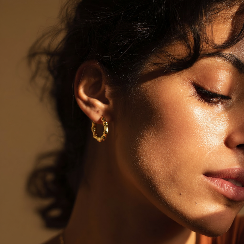 Close-up of a woman wearing gold hoop earrings with a warm, soft focus background.