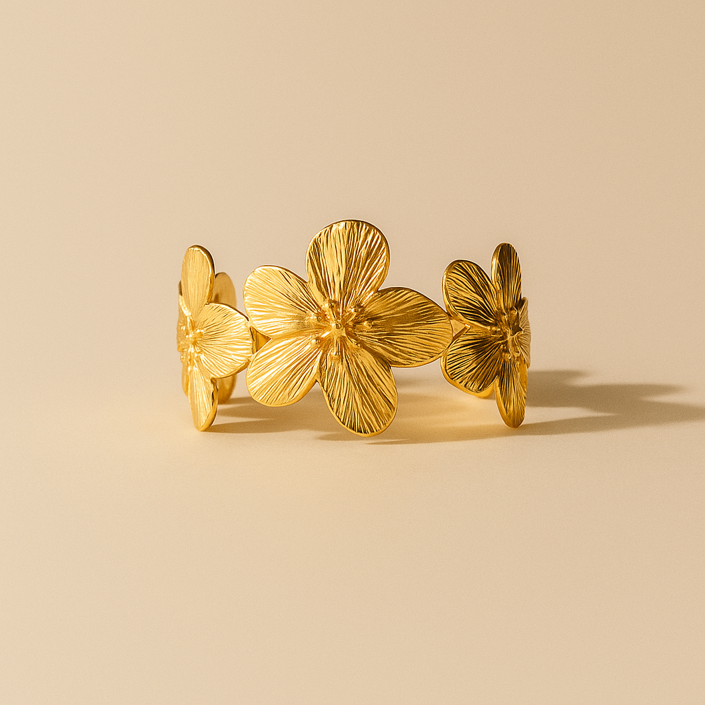 Blossom Cuff Bangle on a beige background