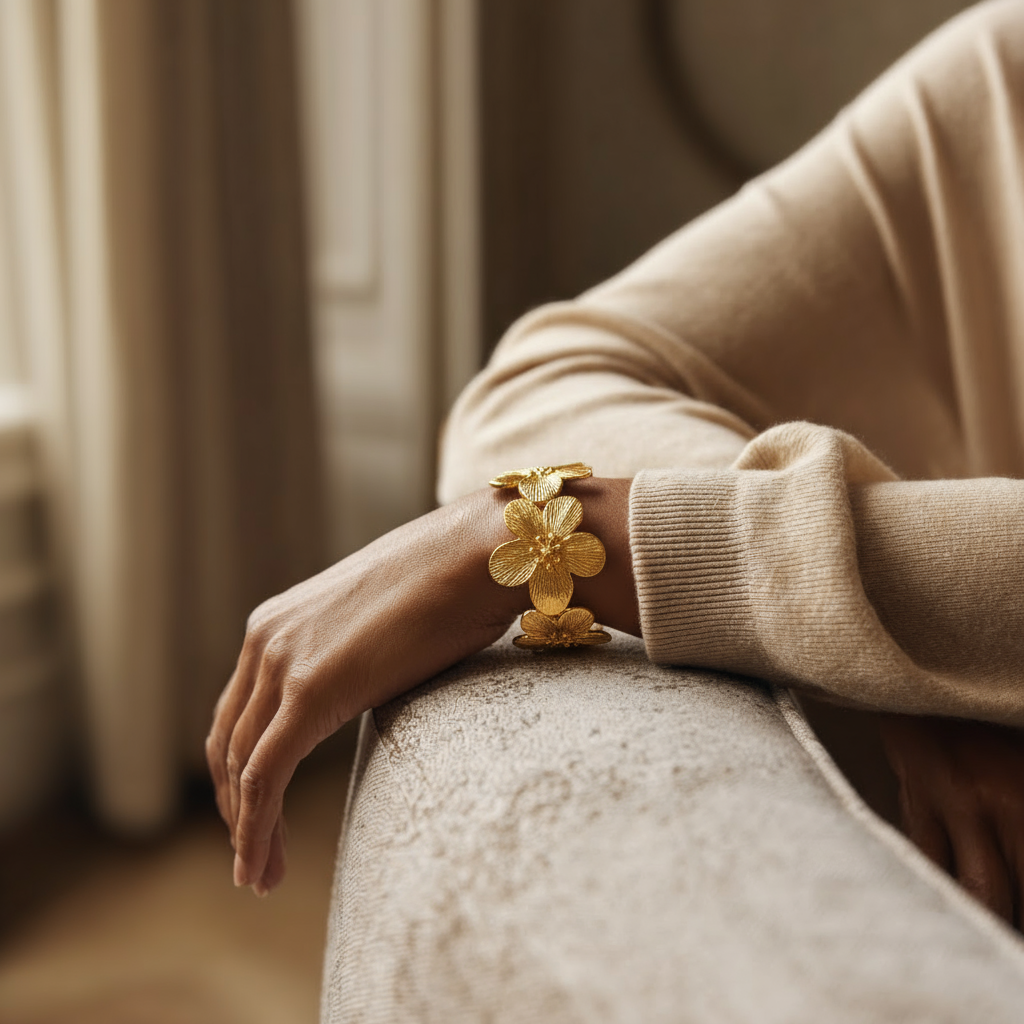 Woman wearing Blossom Cuff Bangle  indoor setting on a couch