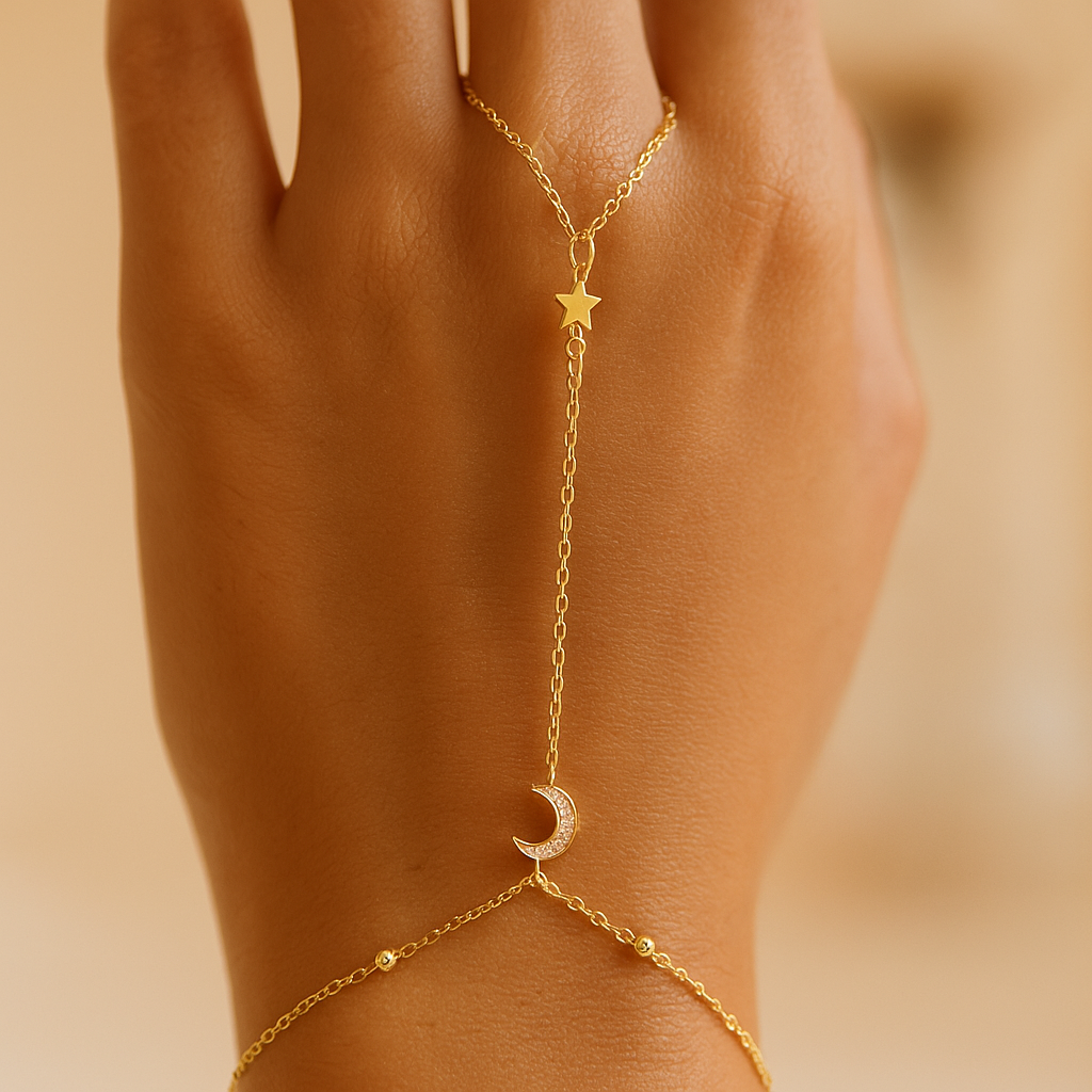 Celestial Handchain with star and moon design on a hand against a beige background