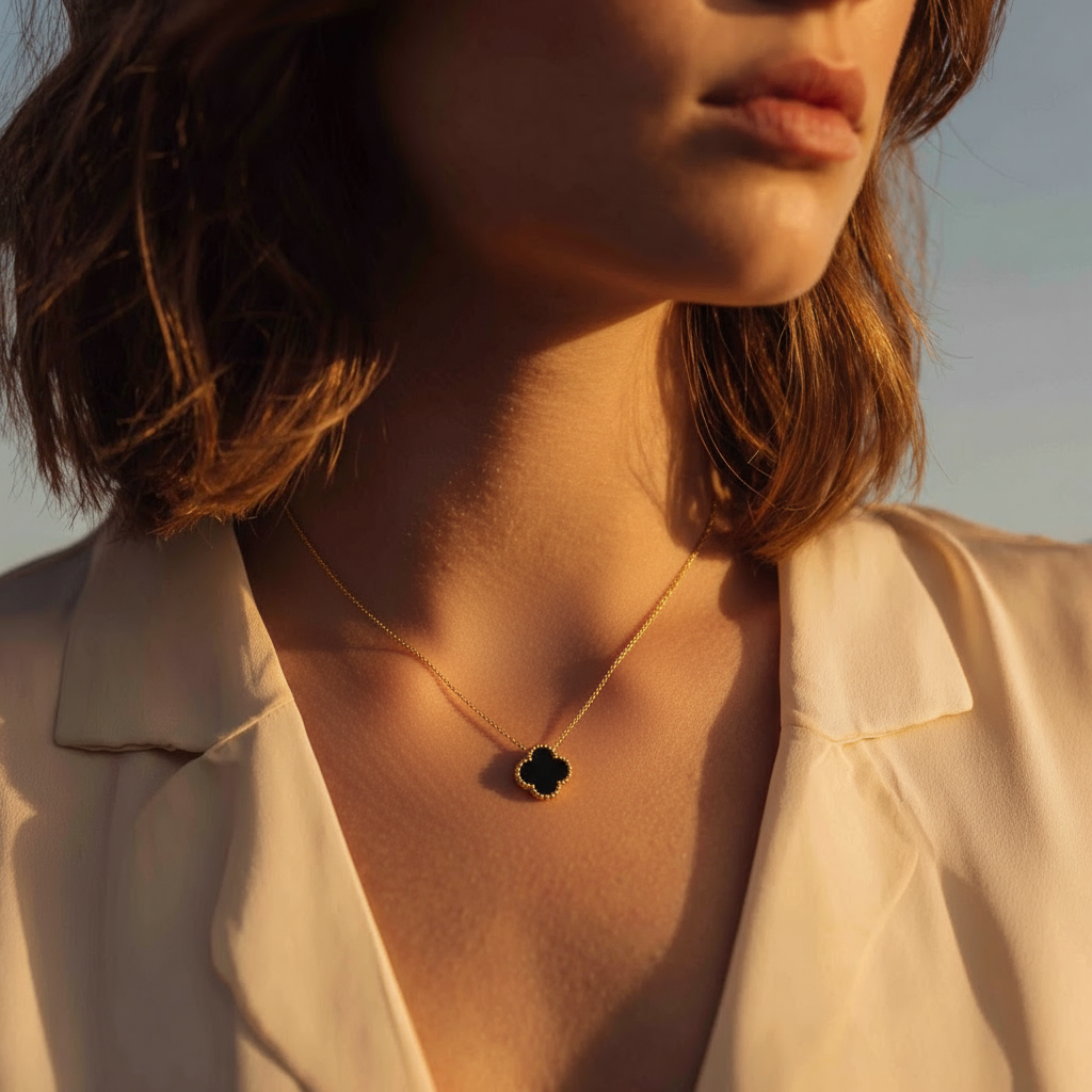 Woman wearing a gold necklace with a clover pendant.