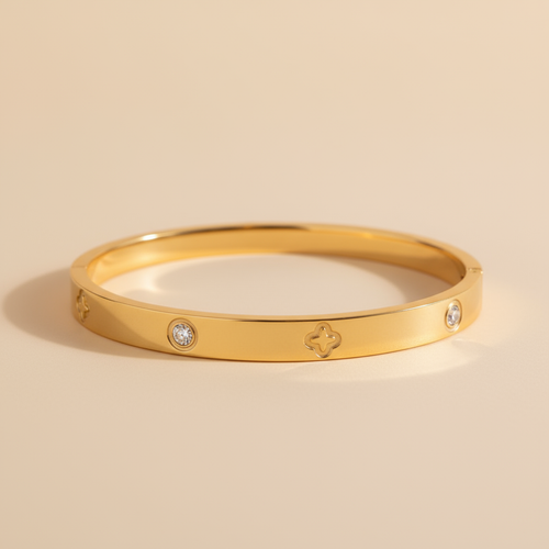 Crystal Gold Bracelet on a soft beige backgroound