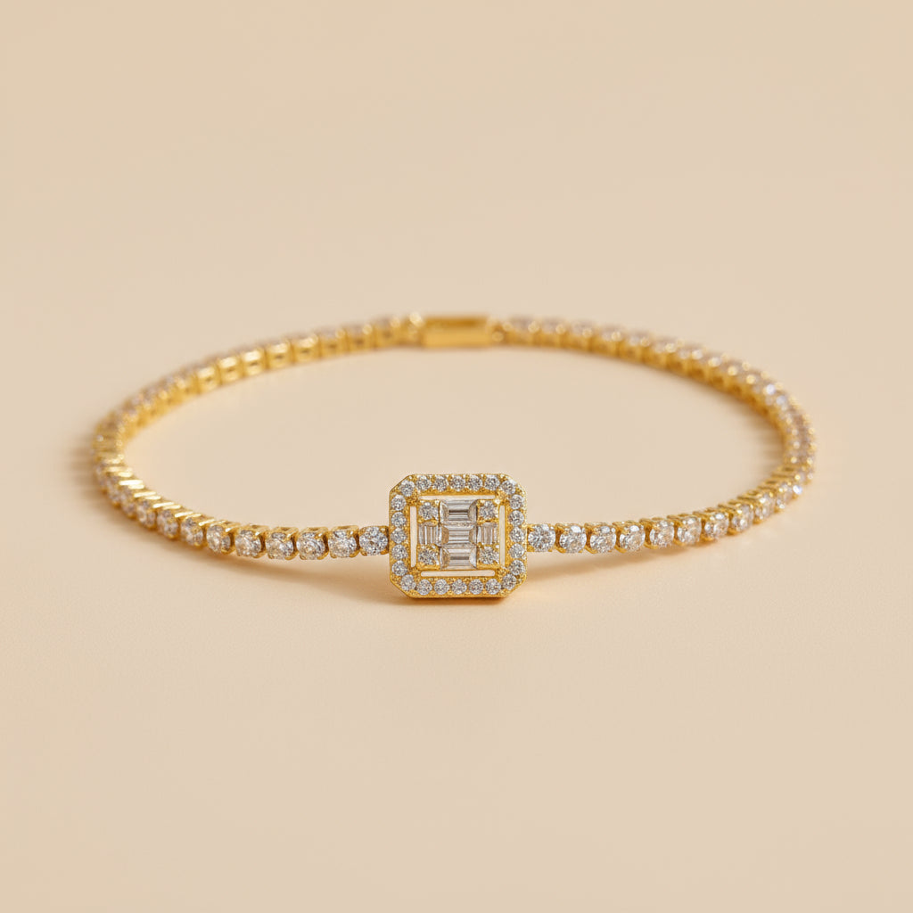 Gold bracelet with diamond accents on a beige background