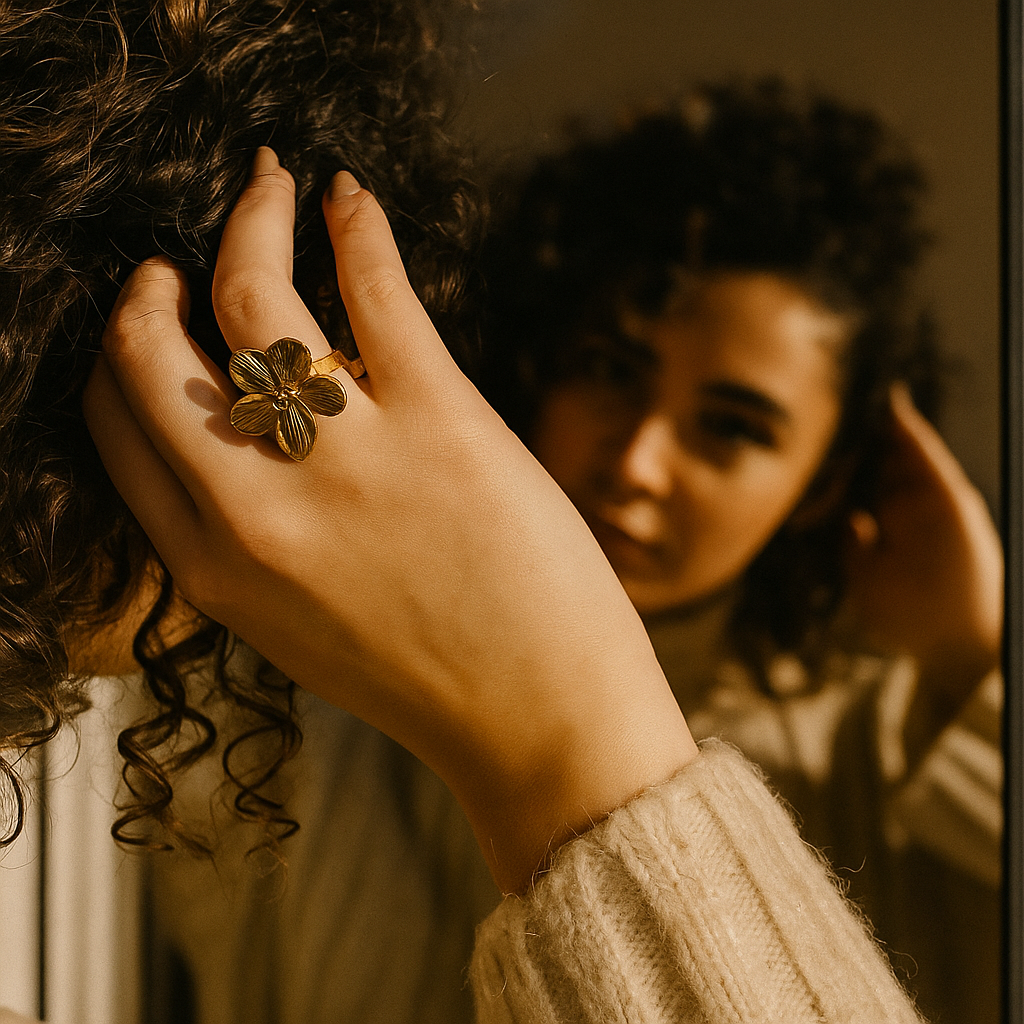Person with a gold ring on their hand touching their hair, wearing a beige sweater.