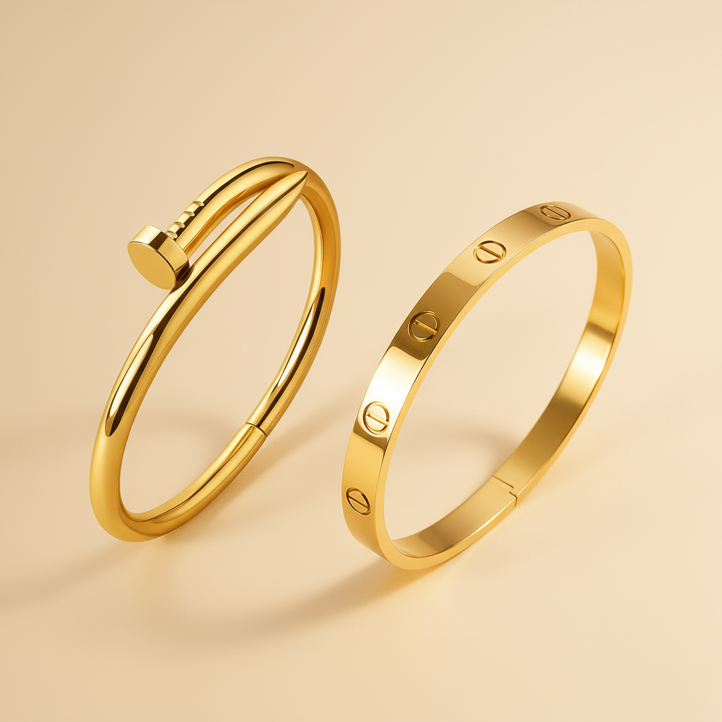 Two gold Bracelets on a beige background