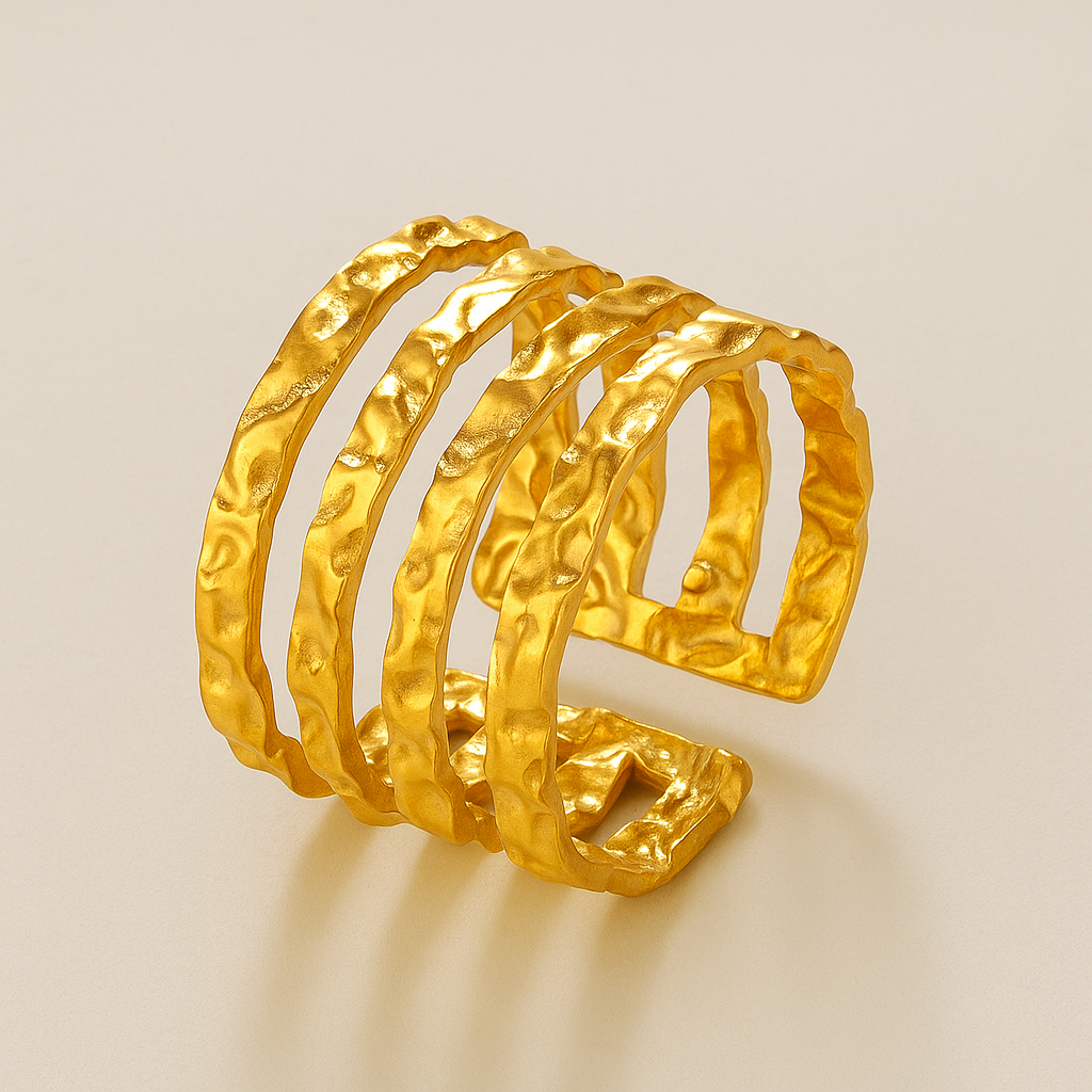 Hammered Stacks Ring on a beige background
