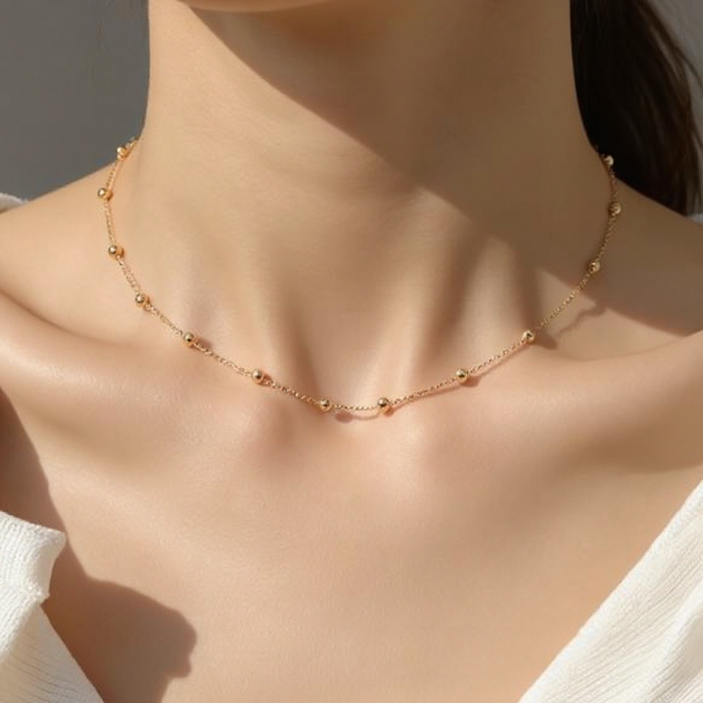 Golden Beaded Necklace on a model against a neutral background
