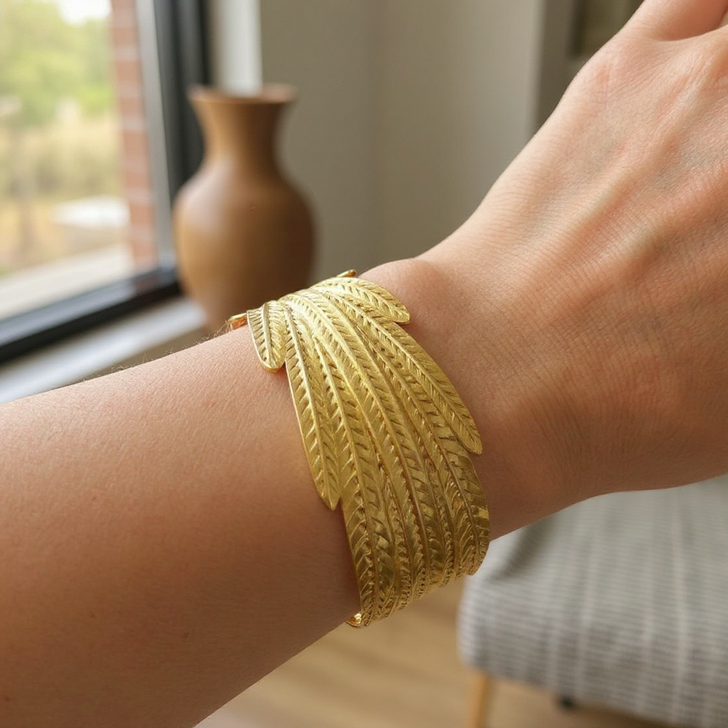 Golden Feather Bangle on a wrist with a blurred indoor background
