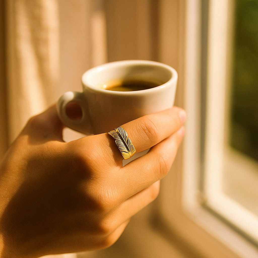 Hand holding a small white cup of coffee with a Golden Feather Motif Ring, against a softly blurred window background.