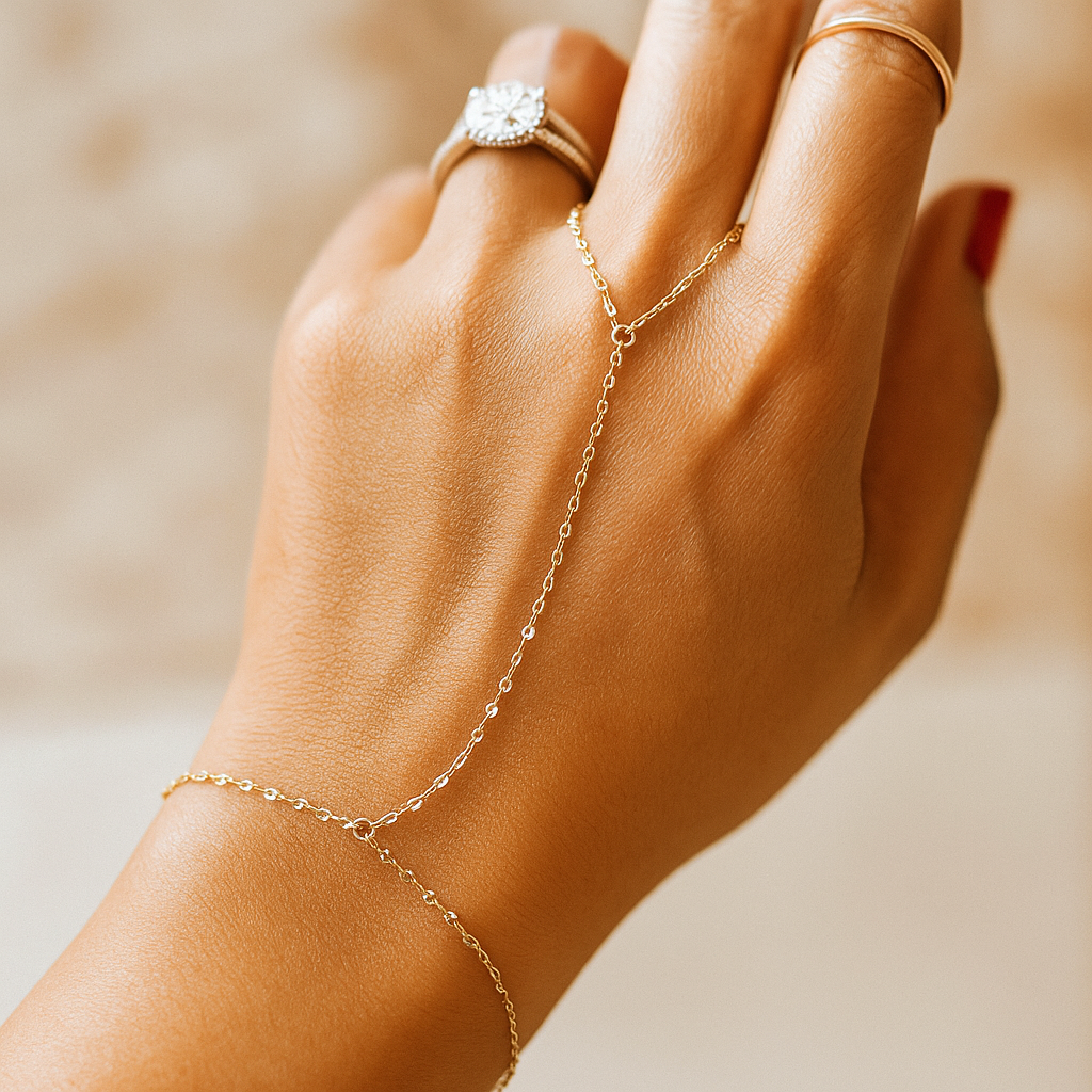 Hand wearing a gold Handchain against a neutral background
