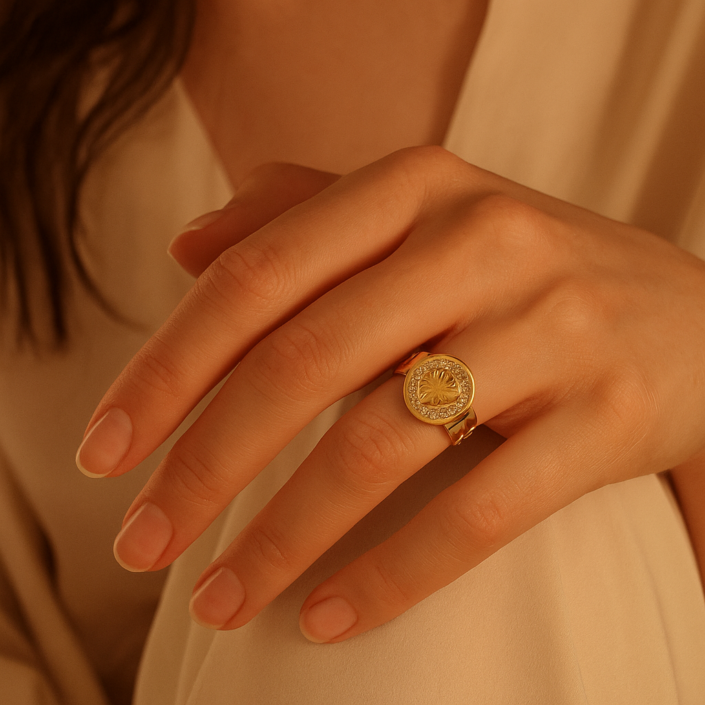 Close-up of a hand wearing a Golden Heart Medallion Ring with a heart design against a neutral background