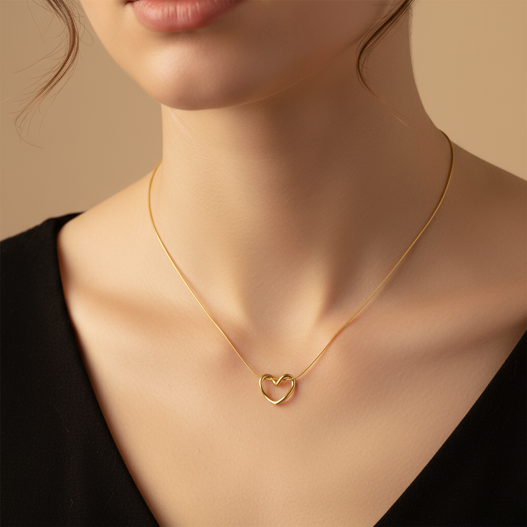 Gold heart-shaped necklace on a person wearing a black top against a beige background