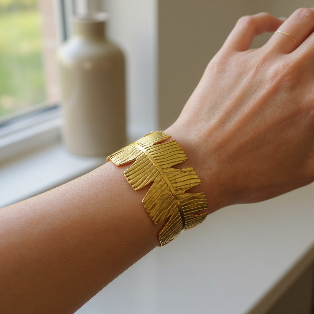 Golden Palm Bangle on a wrist with a neutral background