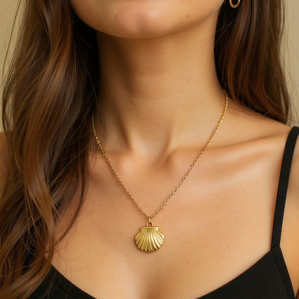Close-up of a person wearing a gold necklace with a seashell pendant.
