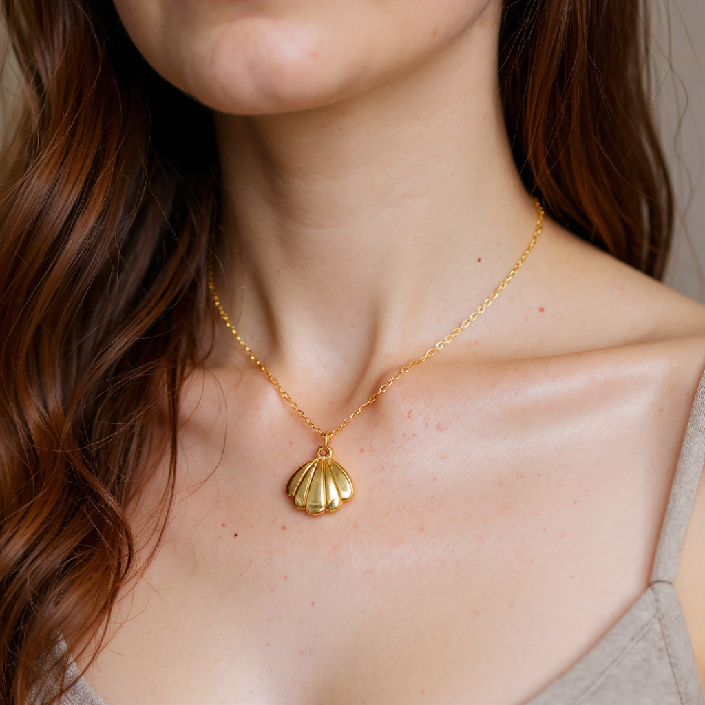 Gold necklace with a shell pendant worn by a person with brown hair.