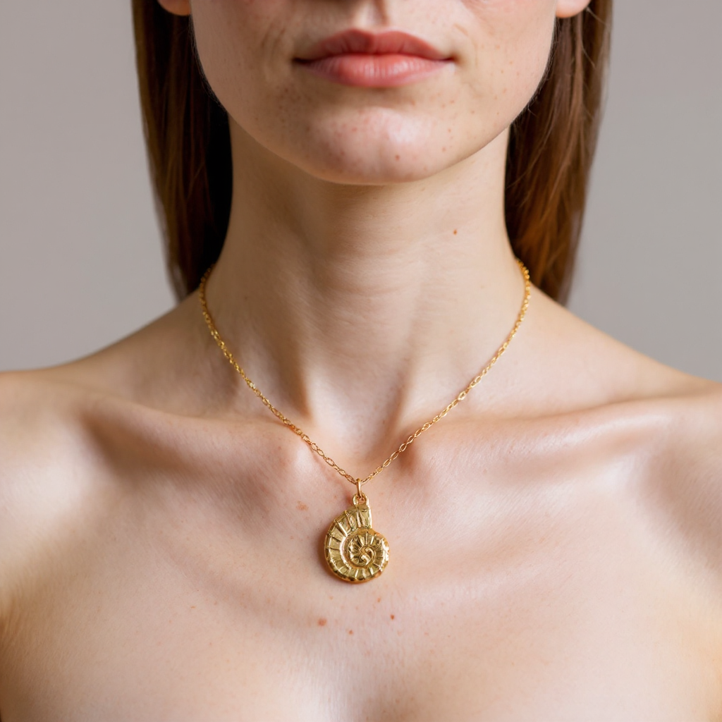 Gold necklace with a Spiral pendant worn by a person against a neutral background
