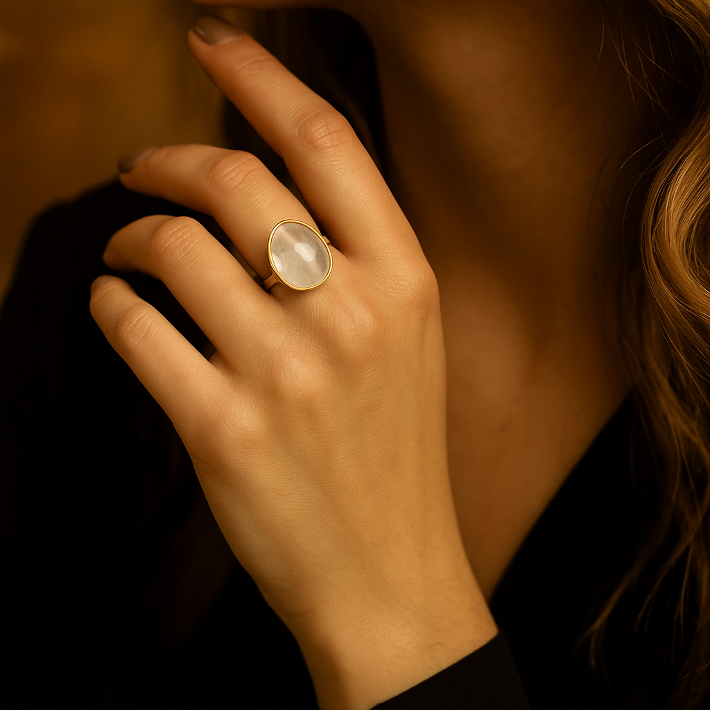 Hand wearing Lunar Glow Gemstone Ring , against a dark background