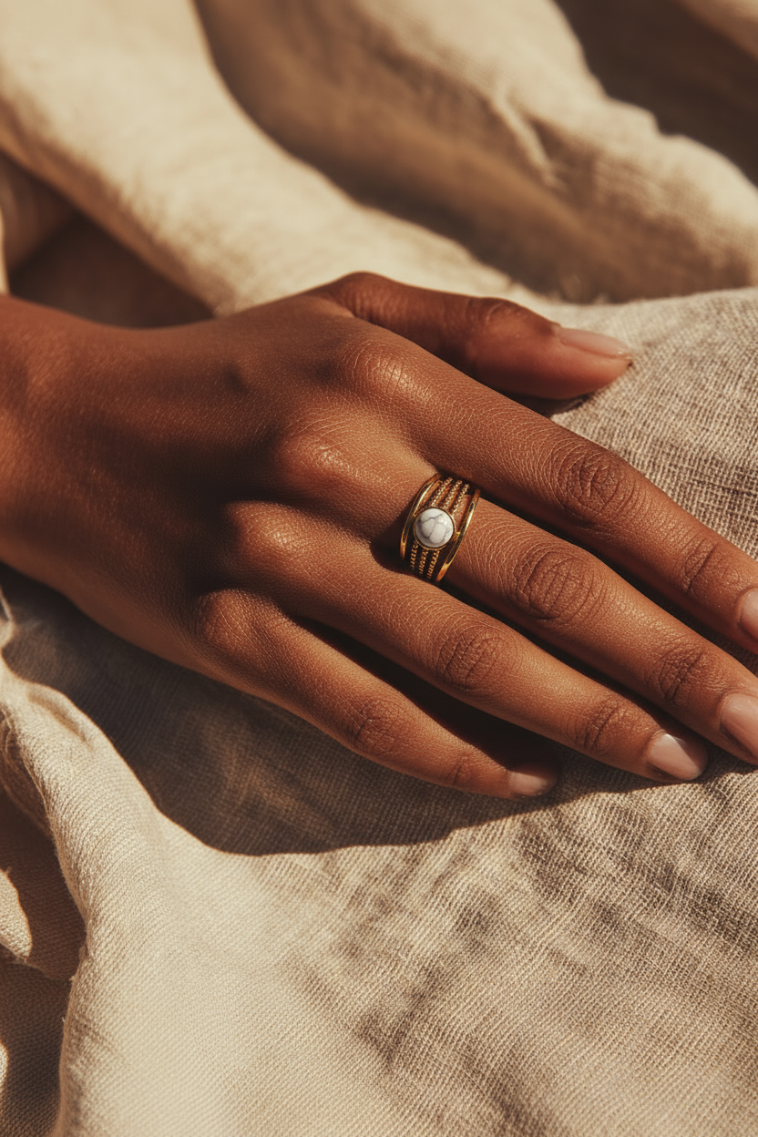 Hand wearing a gold ring with a pearl on a textured fabric background