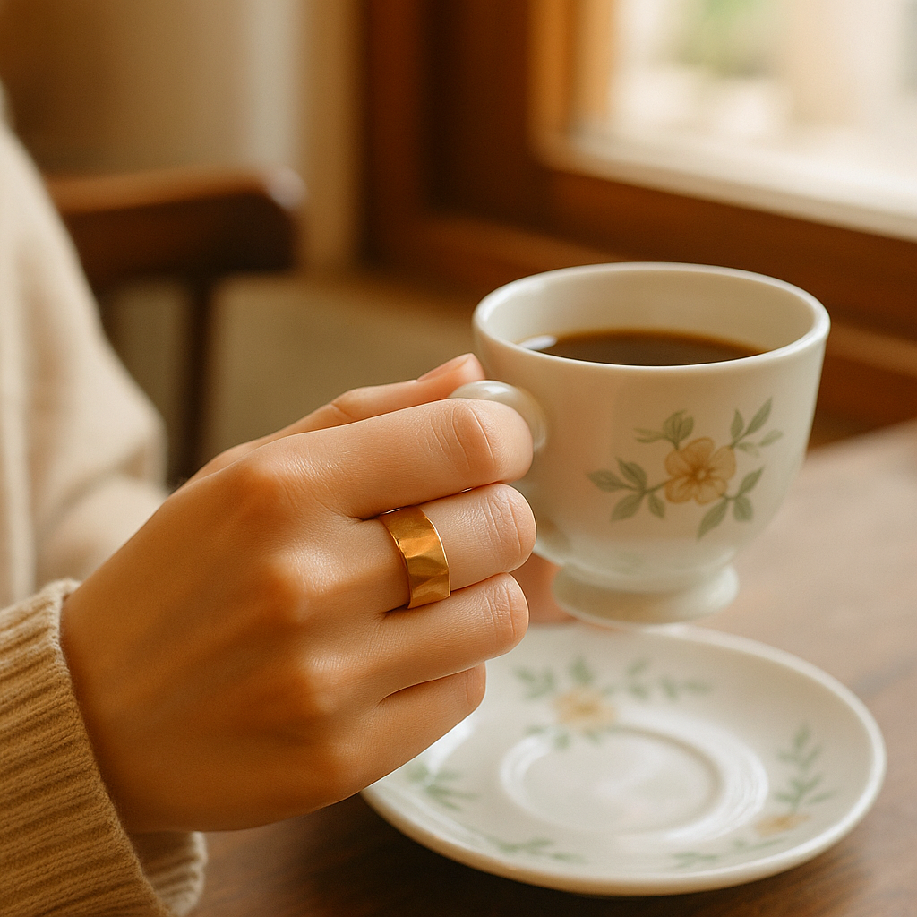 Hand Wearing a Molten Gold Ring holding a floral teacup with a saucer on a wooden surface.