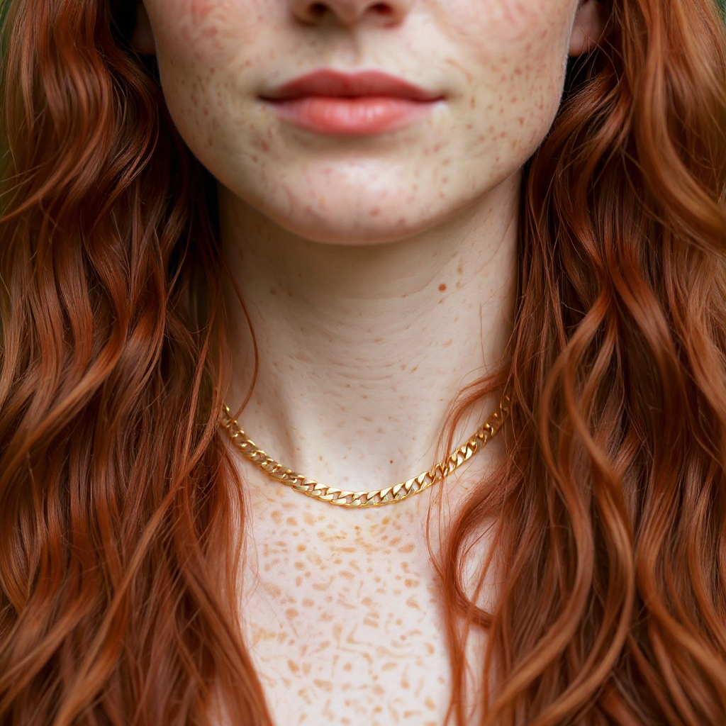 Close-up of a person with red hair wearing a Gold Cuban Chain Necklace.
