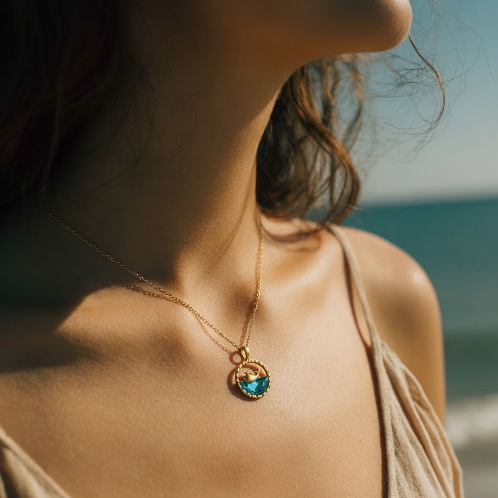 a person wearing the Ocean Whisper Necklace.