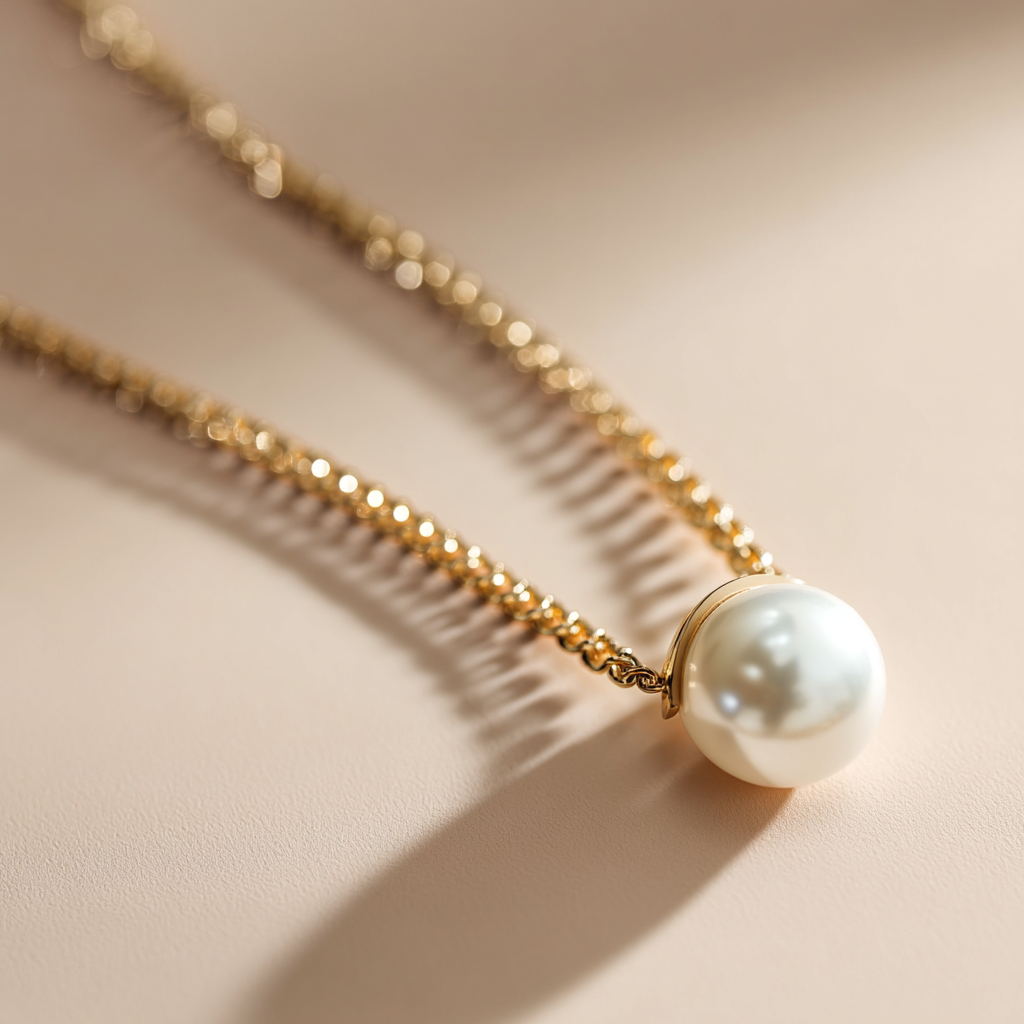Gold necklace with a pearl pendant on a beige background