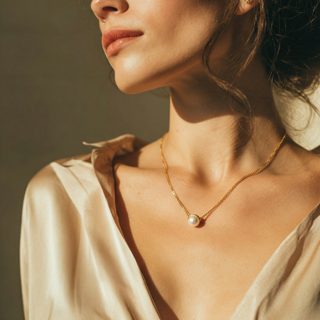 Close-up of a woman wearing a gold necklace with a pearl pendant against a neutral background