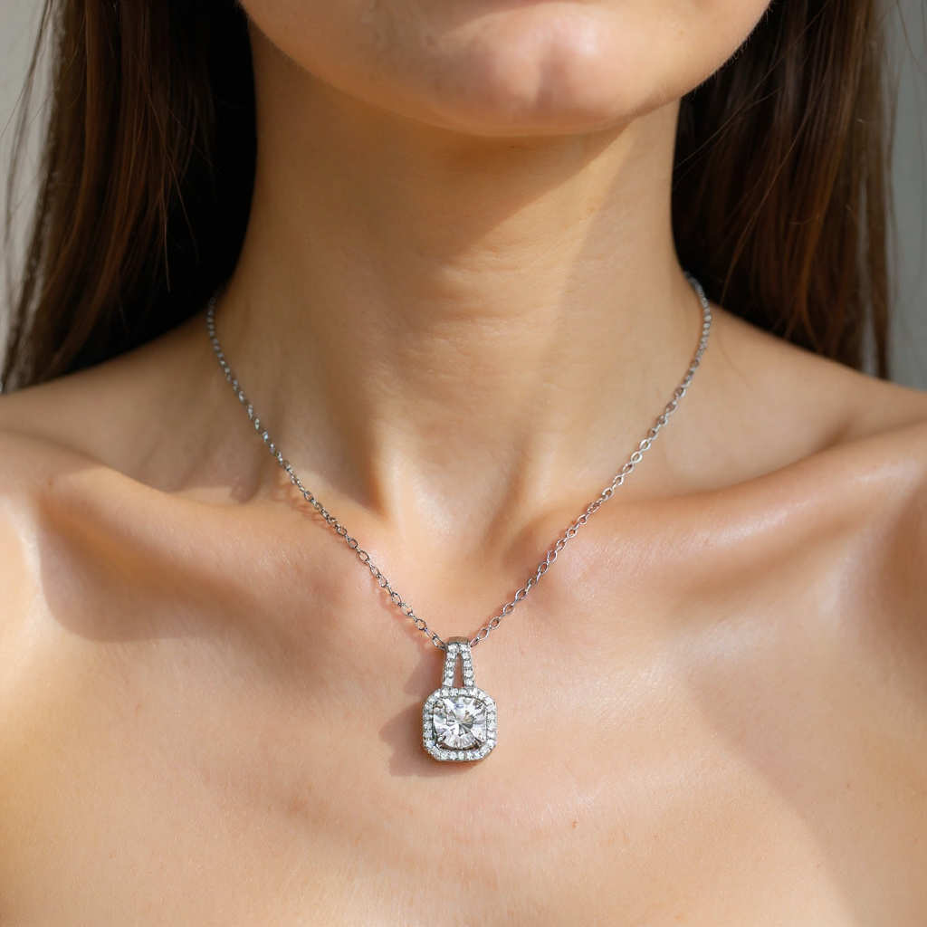 Close-up of a Radiant Spark Necklace on a person's neck
