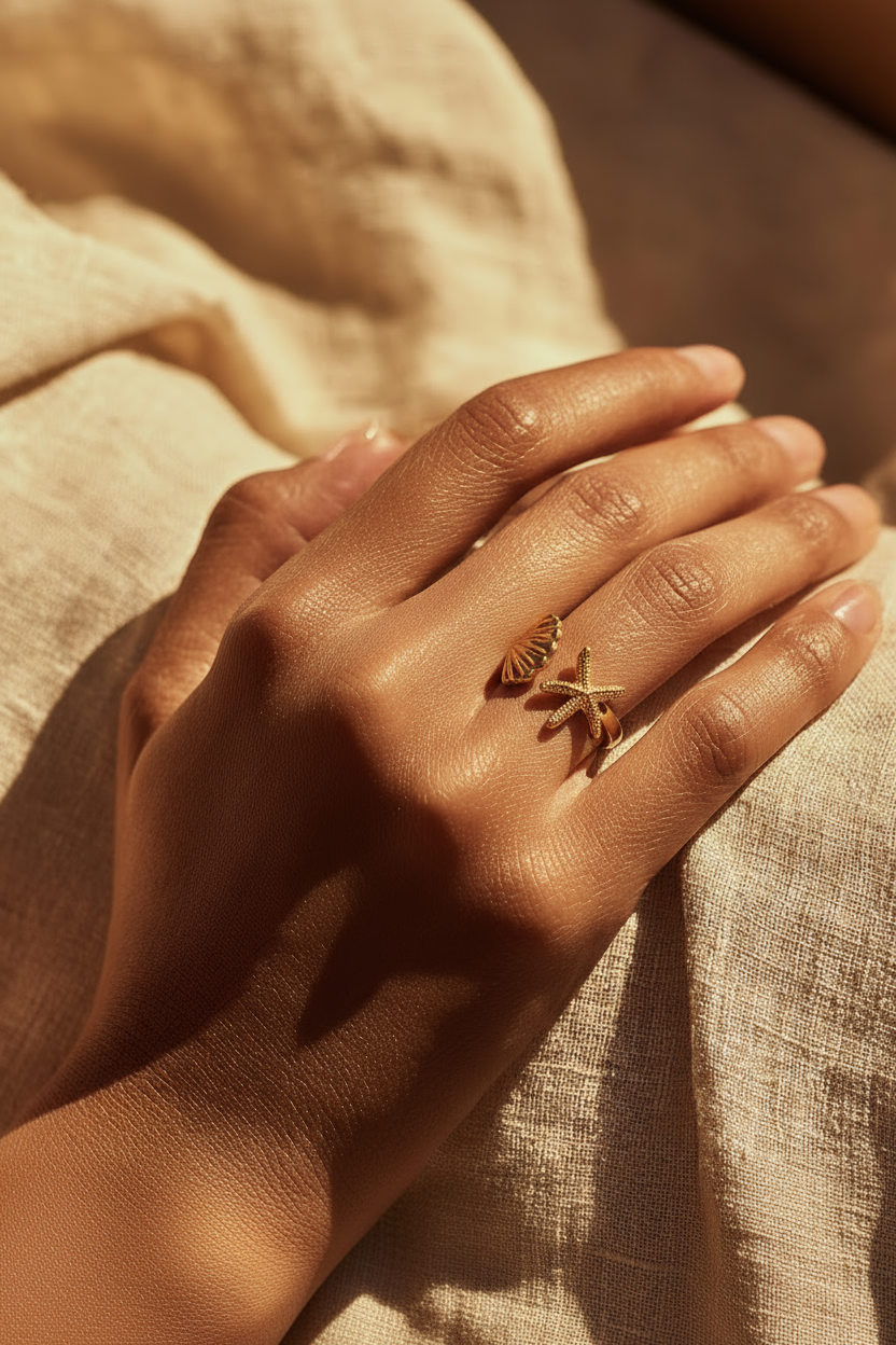 Close-up of a hand wearing a ring on a textured fabric background