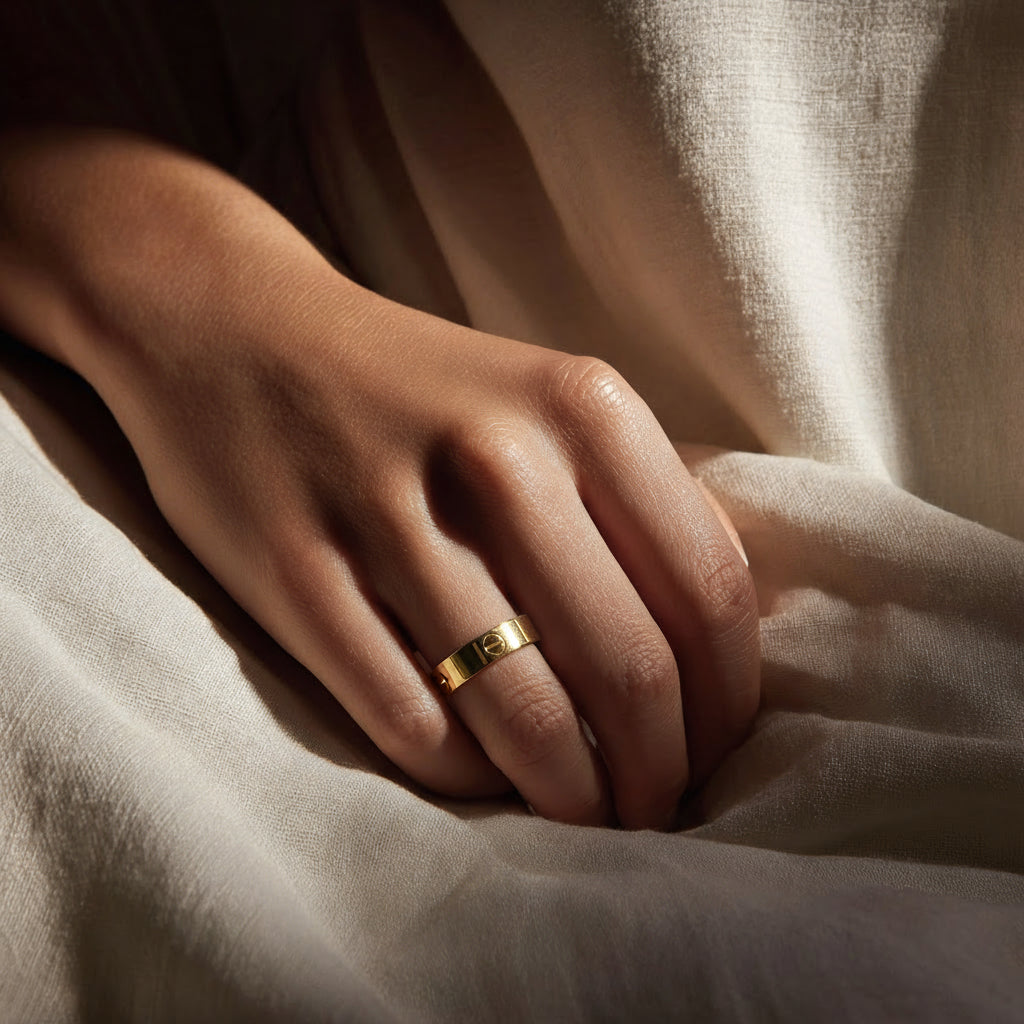 Hand wearing a gold ring on beige fabric