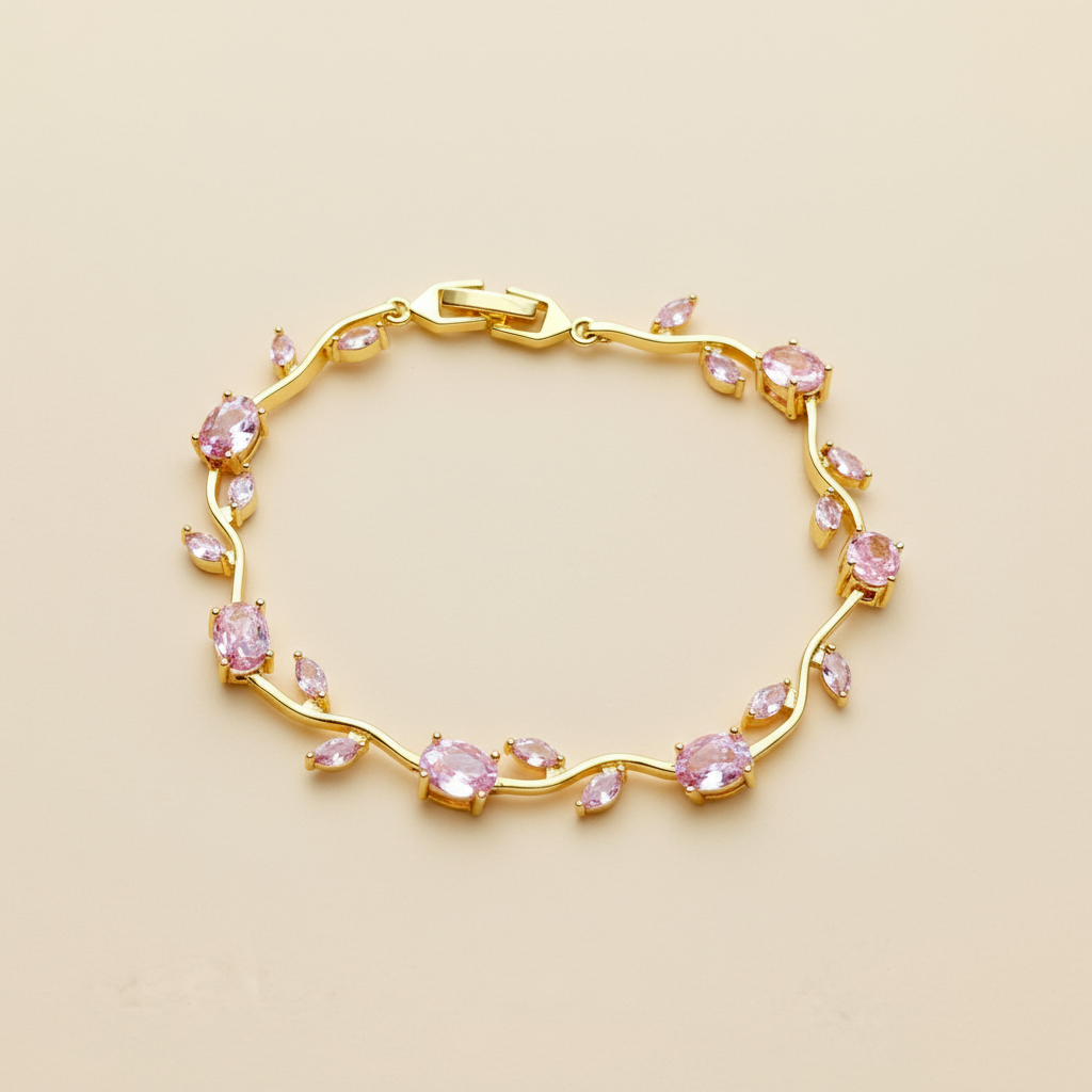 Gold bracelet with Rose gemstones on a beige background