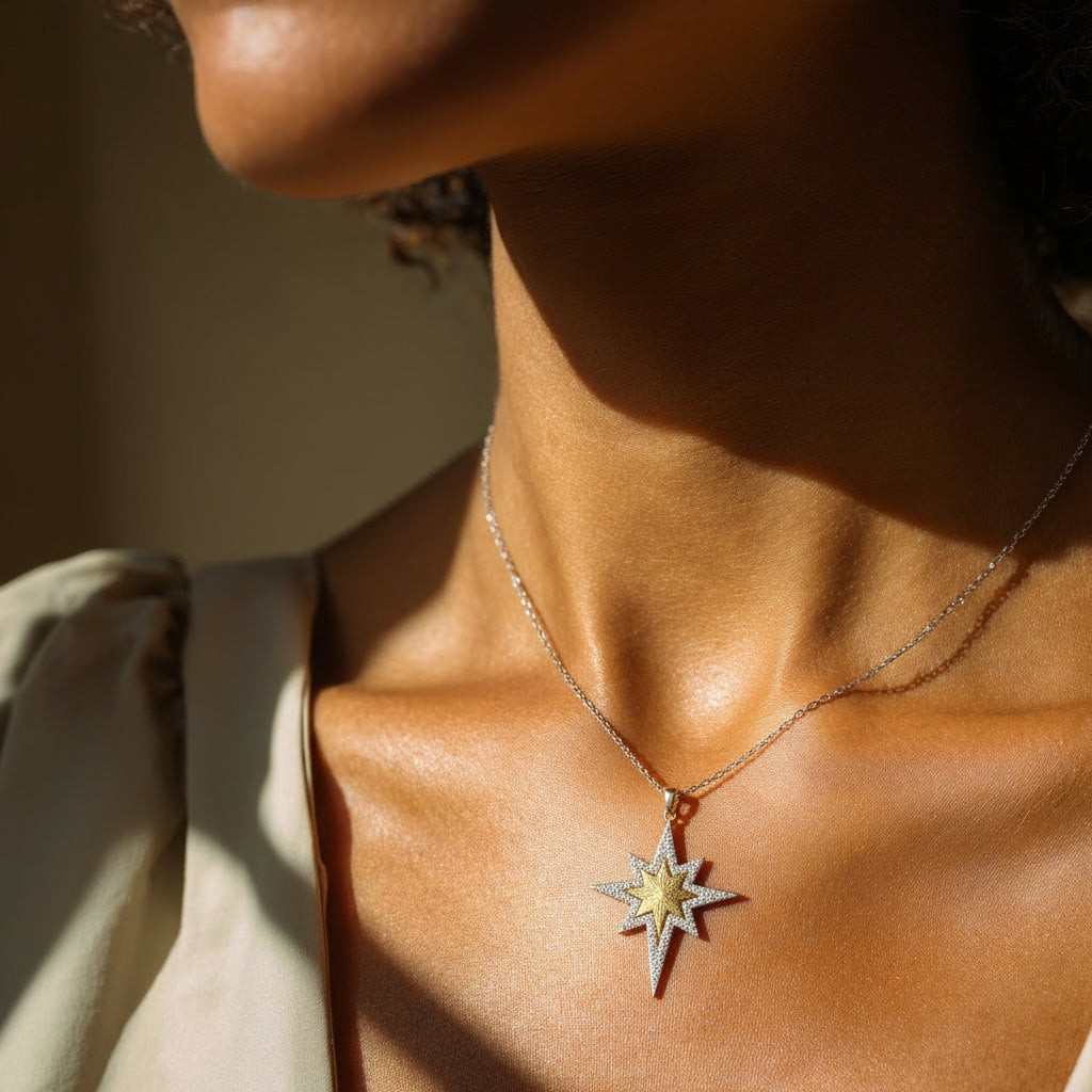 Close-up of a person wearing a star-shaped necklace with a beige background