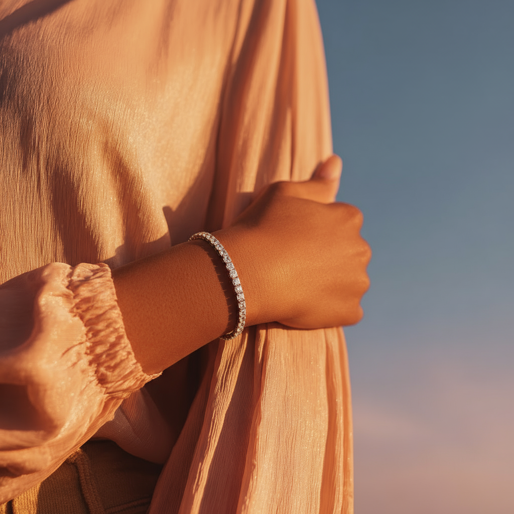 Person wearing a Tennis Bracelet with a blurred background