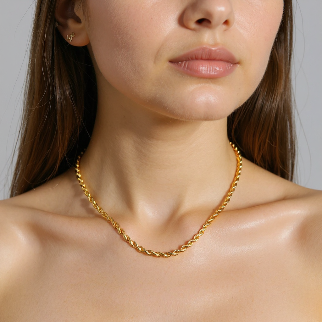 Gold chain necklace worn by a person against a neutral background