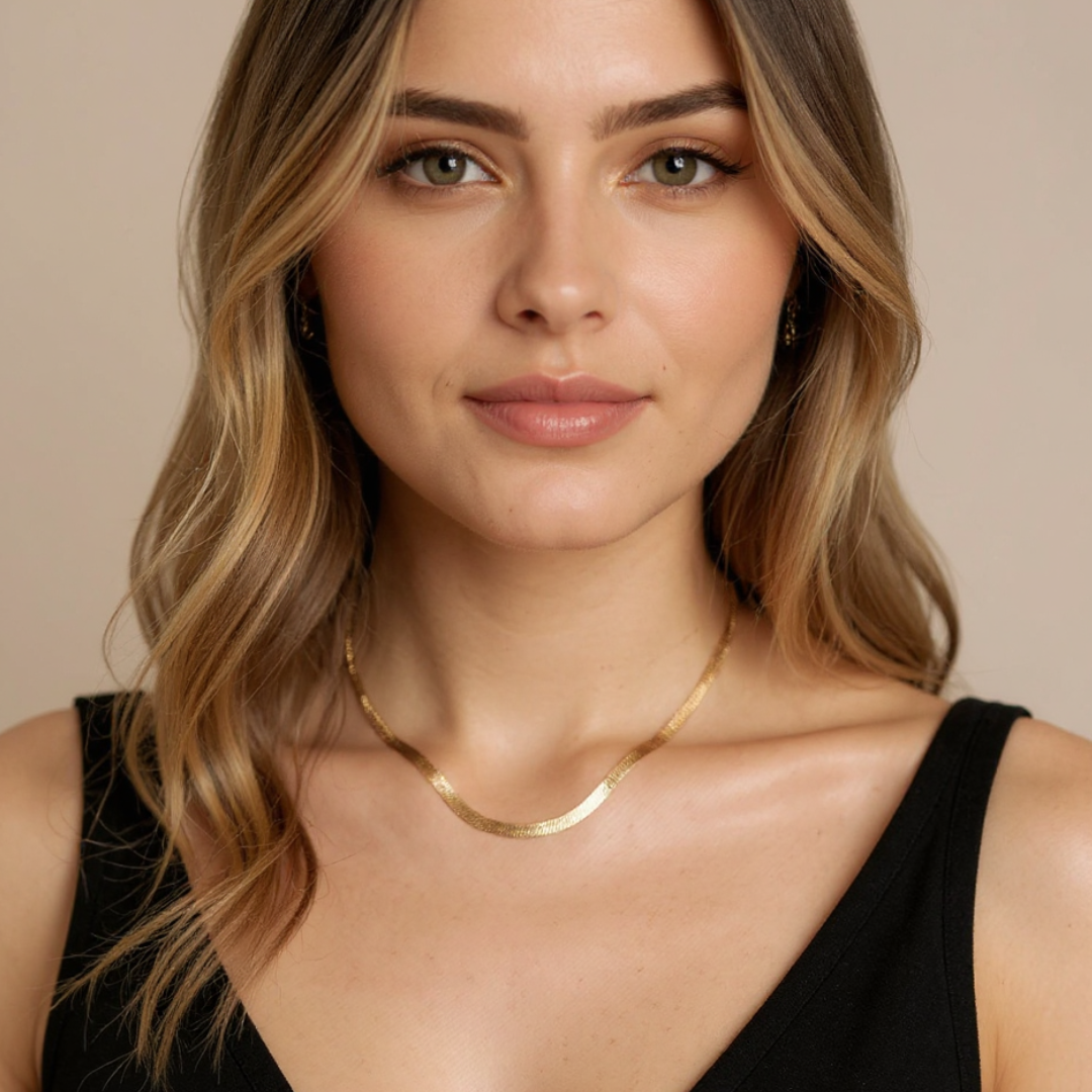 Woman wearing a Golden Herringbone Necklace against a light beige background